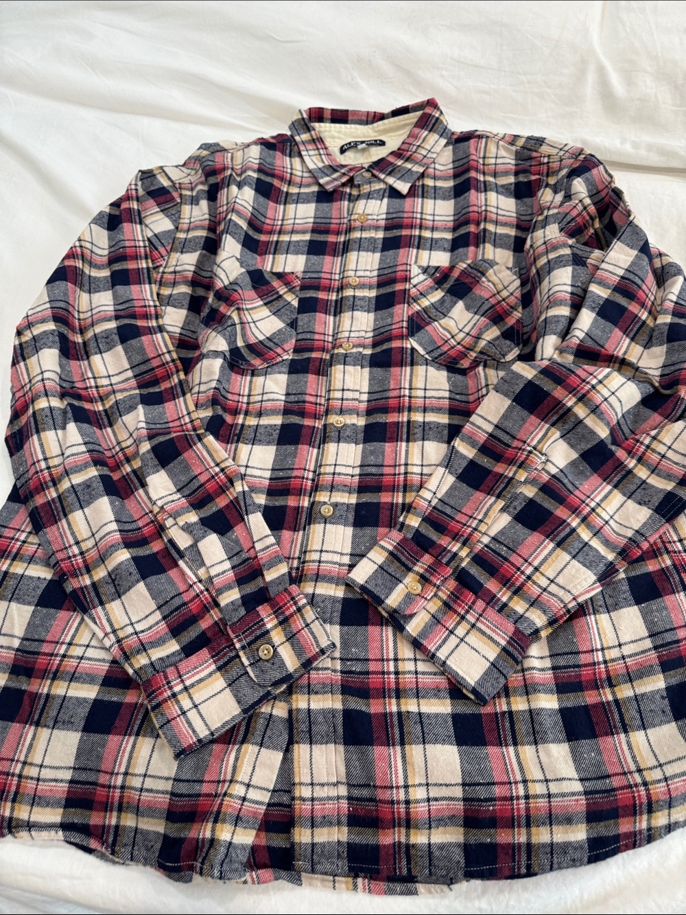 Alex Mill Cream, Navy & Red Plaid Button-Down Flannel Shirt
